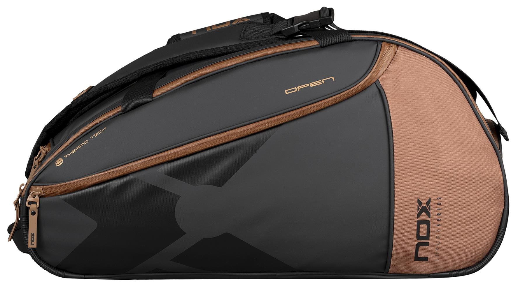 The NOX Luxury Open Series Padel Racket Bag in black and brown features multiple compartments, advanced ThermoTech technology, and "NOX Luxury Series" branding—perfect for stylish padel players.