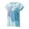 Crystal blue Yonex 20764 Crew Neck Women's Padel T-Shirt, featuring short sleeves and adorned with abstract vertical stripes in purple and blue that create a wave pattern on the front. Equipped with VeryCool technology for UV reduction, it includes a small logo near the top.