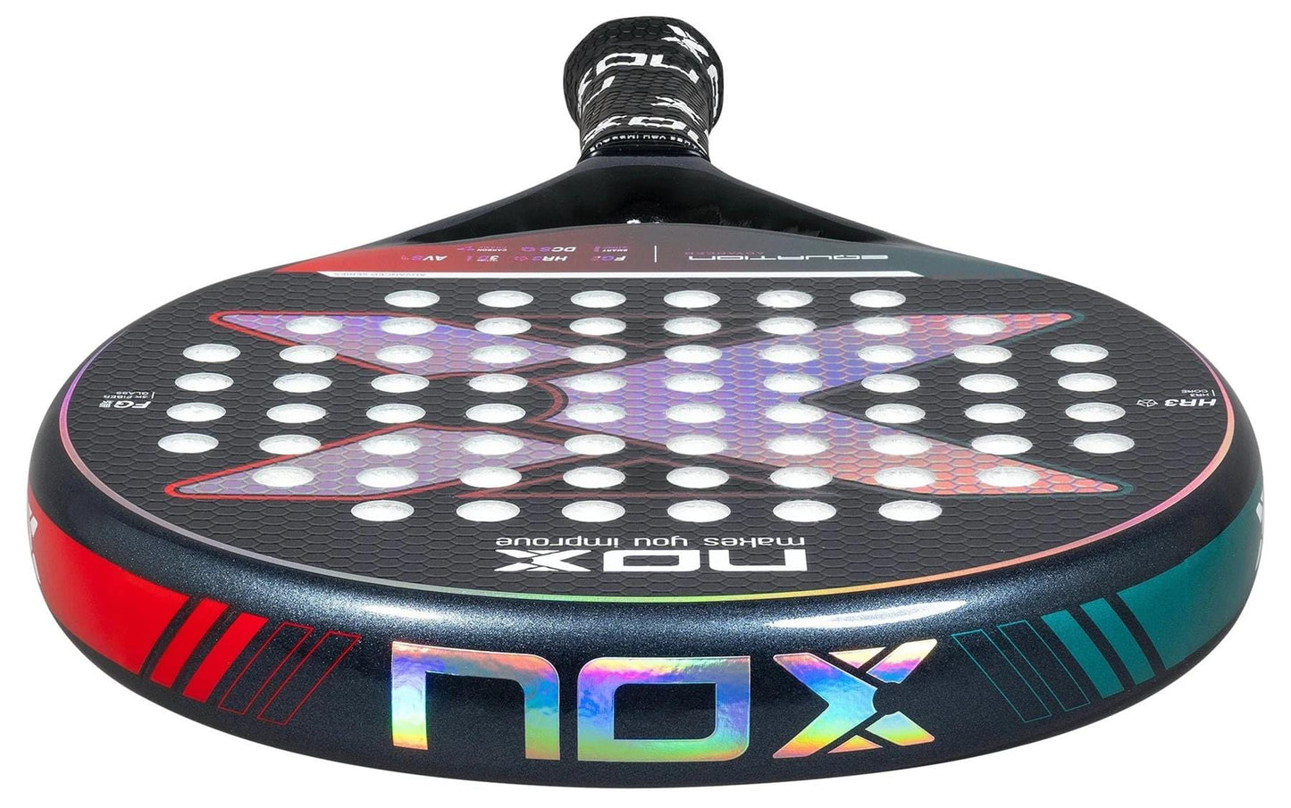 Close-up of the NOX Equation Light W Advance Series Padel Racket, ideal for intermediate players, with a black base, colorful reflective accents, and signature “X” perforated design on the face, viewed from the handle.