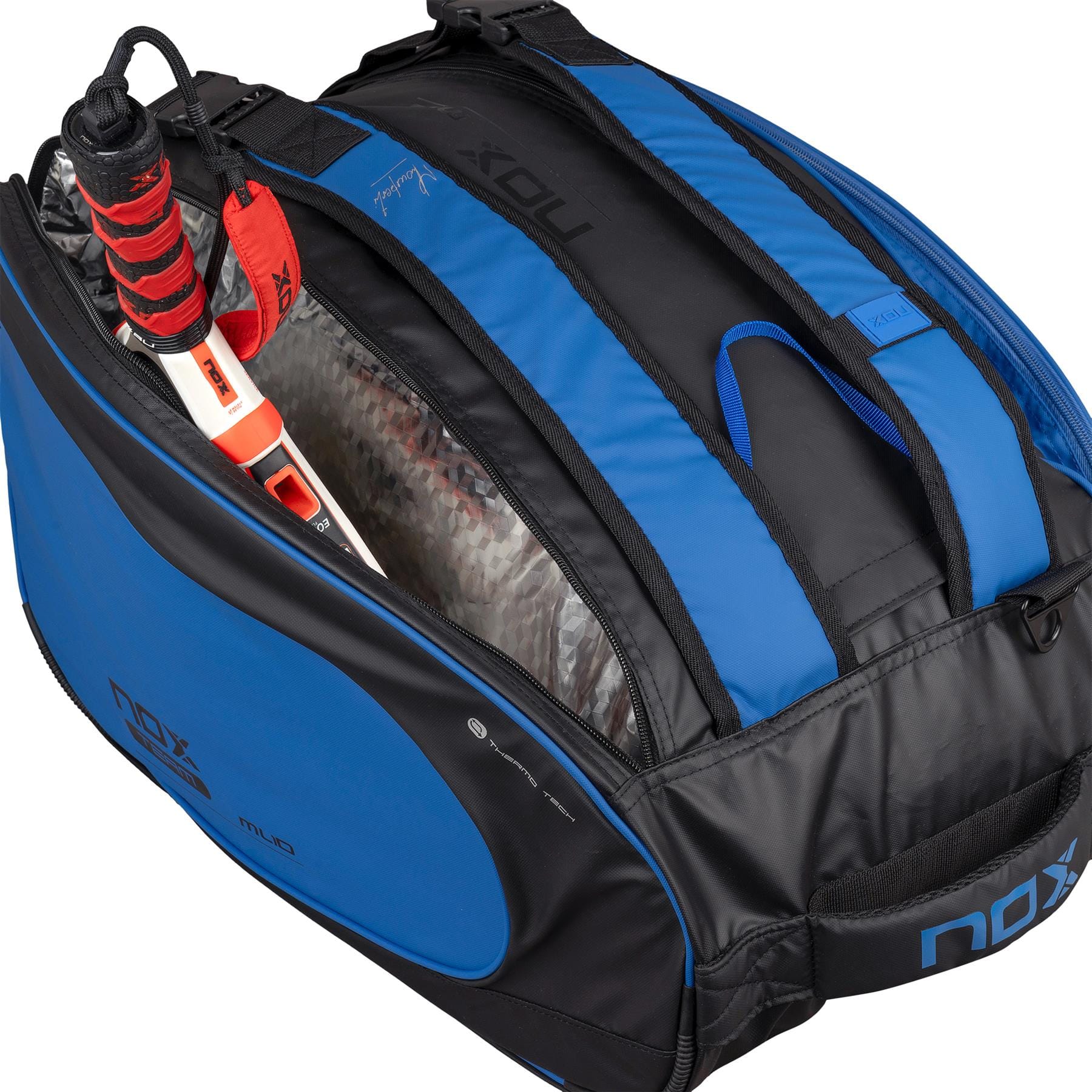 The NOX ML10 Team Padel Racket Bag in black and blue features shoulder straps, a zippered compartment showing two rackets with red and white handles inside, and bold NOX branding. Perfect for padel players seeking style and function.
