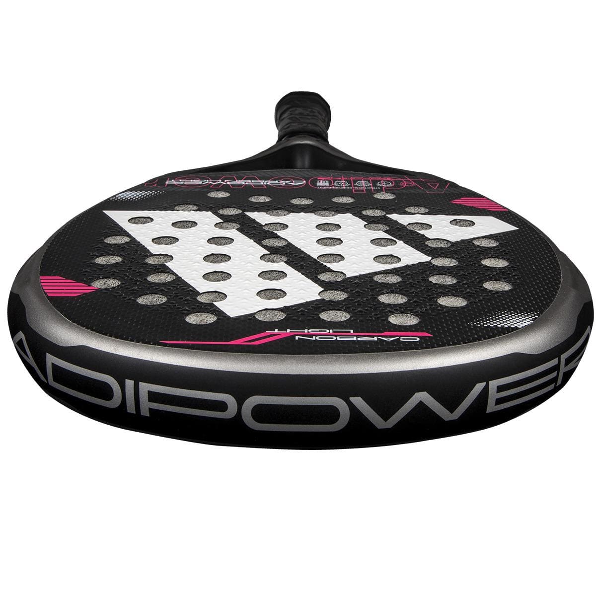 A close-up of the adidas ADIDAS Adipower Carbon Light 3.4 Padel Racket, showcasing its lightweight design, white, pink, and gray accents, adidas logo, "ADIPOWER" branding, and a surface with multiple perforations.