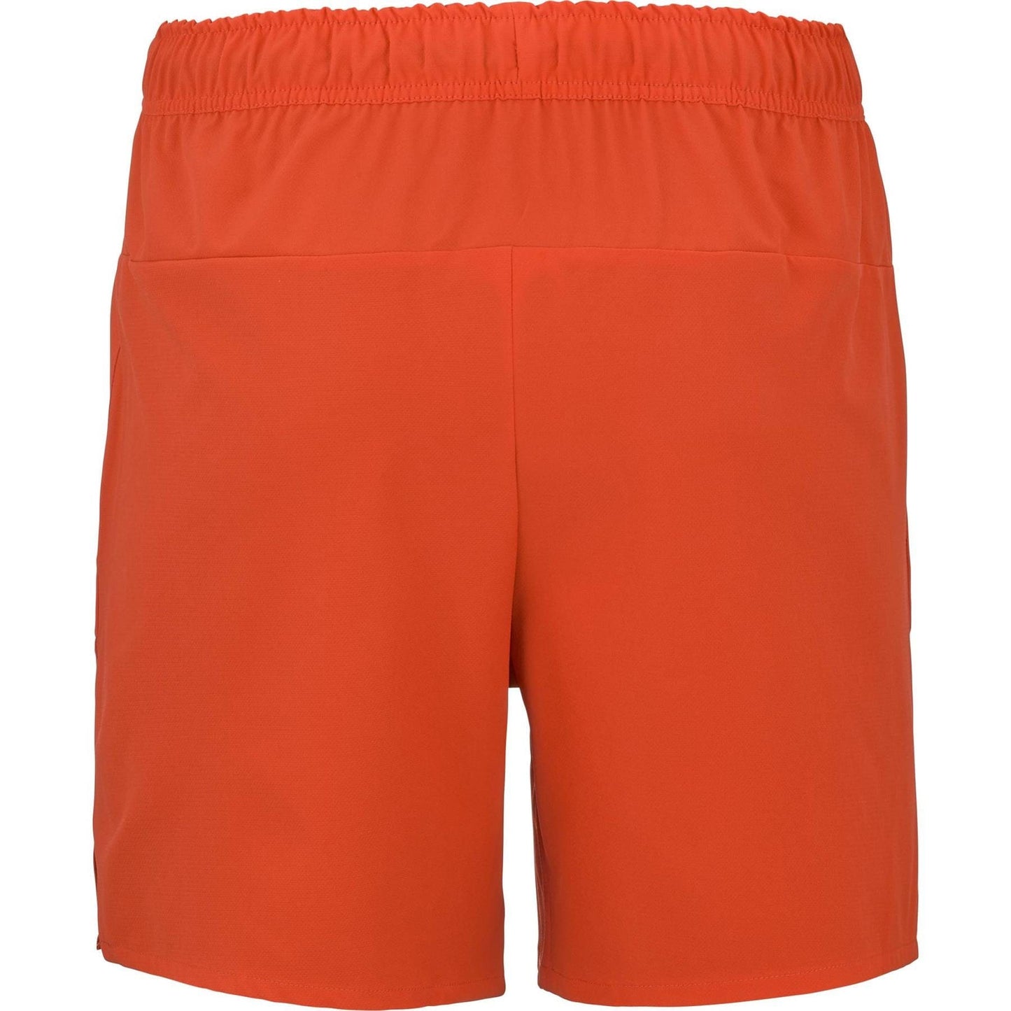 The Babolat Play Mens Padel Shorts in Cherry Tomato feature an elastic waistband and smooth, lightweight recycled polyester fabric. These plain orange shorts by Babolat have no visible logos or patterns and are shown from the back.