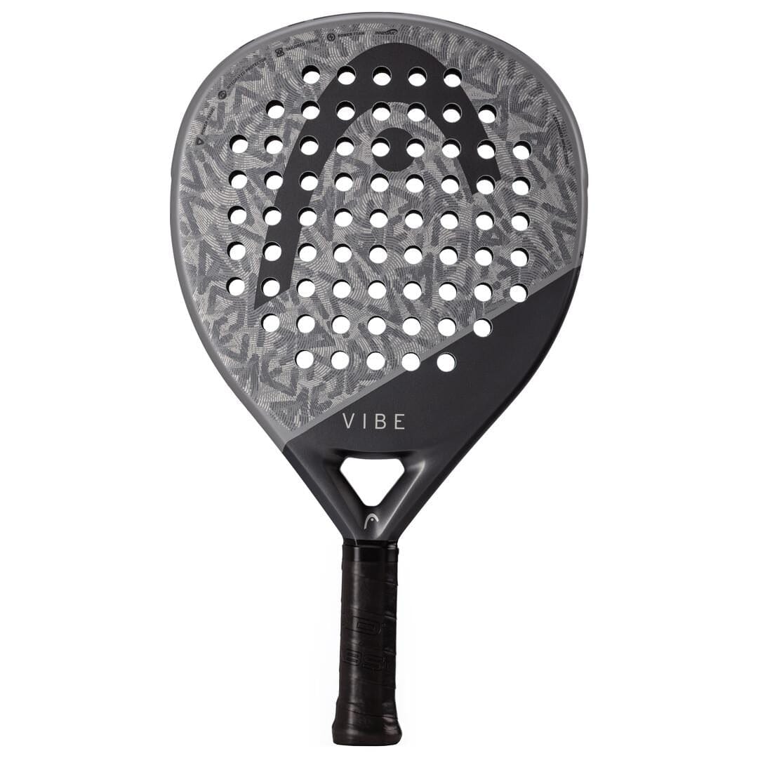 The HEAD Vibe 2025 Grey / Black Padel Racket features a teardrop shape, perforated face with geometric patterns, "VIBE" printed above the handle, and a black wrapped grip for comfort.