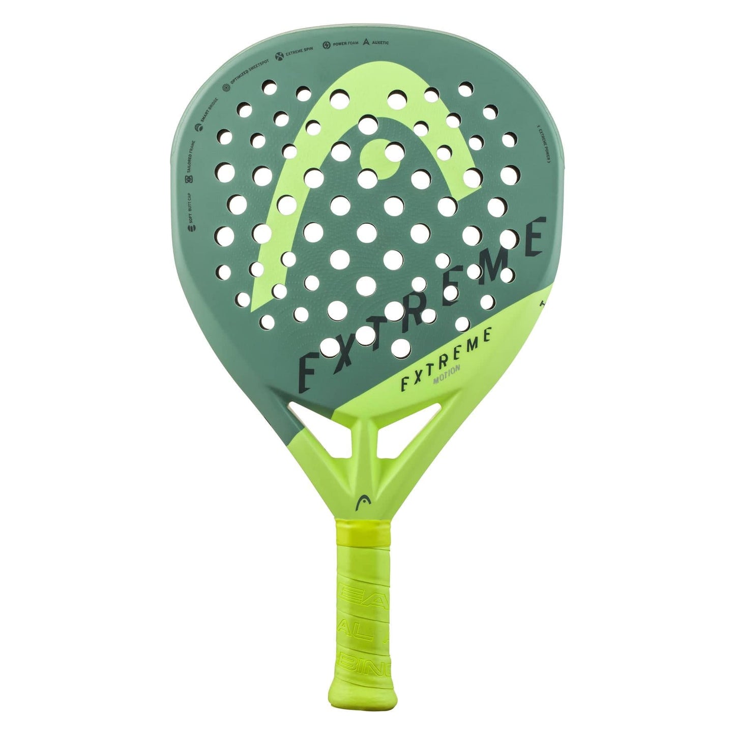 The HEAD Extreme Elite 2023 Padel Racket features a green and yellow diamond design with multiple circular holes, the HEAD logo and model name on the face, and a bright yellow grip tape on the handle.