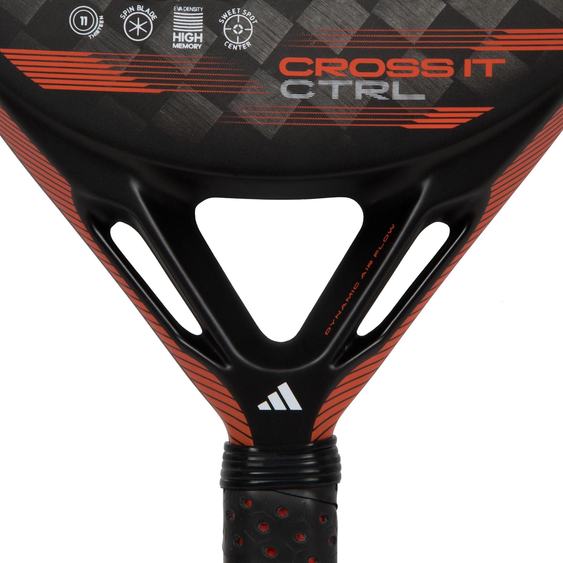 Close-up of the adidas Cross It CTRL Padel Racket, a high-control racket displaying "CROSS IT CTRL" text, adidas logo, technical specs at the frame's top, and a textured grip with small perforations.