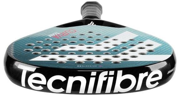 A close-up of the Tecnifibre Curva Team Padel Racket shows its teardrop shape, turquoise and white colors, perforated holes, black handle, and the Tecnifibre brand name displayed on the frame.