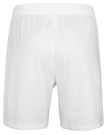 The Babolat Play Mens Padel Shorts - White, featuring an elastic waistband and shown from the back, are crafted from smooth, lightweight recycled polyester fabric. Ideal for both sports and casual wear, these shorts provide optimal flexibility with 360 Motion.