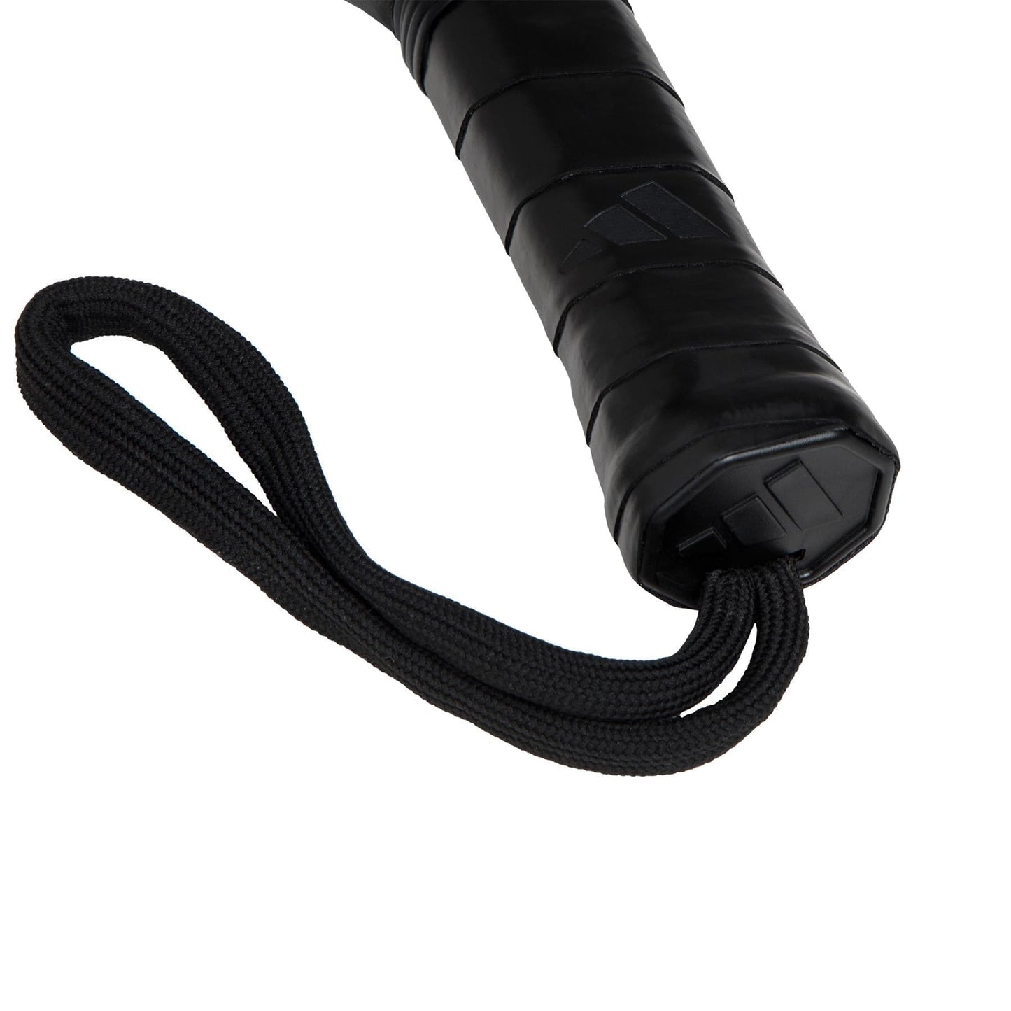 Close-up of the adidas Drive Black 3.4 Padel Racket handle wrapped in grip tape, featuring a black wrist strap and embossed end cap logo—a quality beginner padel racket shown against a white background.