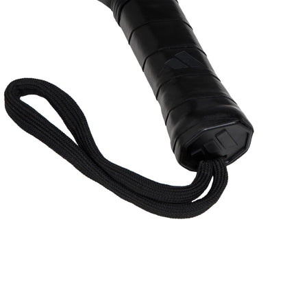 Close-up of the adidas Drive Black 3.4 Padel Racket handle wrapped in grip tape, featuring a black wrist strap and embossed end cap logo—a quality beginner padel racket shown against a white background.