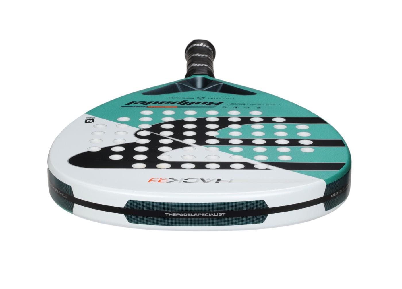 The Bullpadel Hack Junior 25 is a teal, black, and white padel racket with a perforated face design, “HACK 03” branding, a carbon fibre frame, and a black handle with white grip tape.