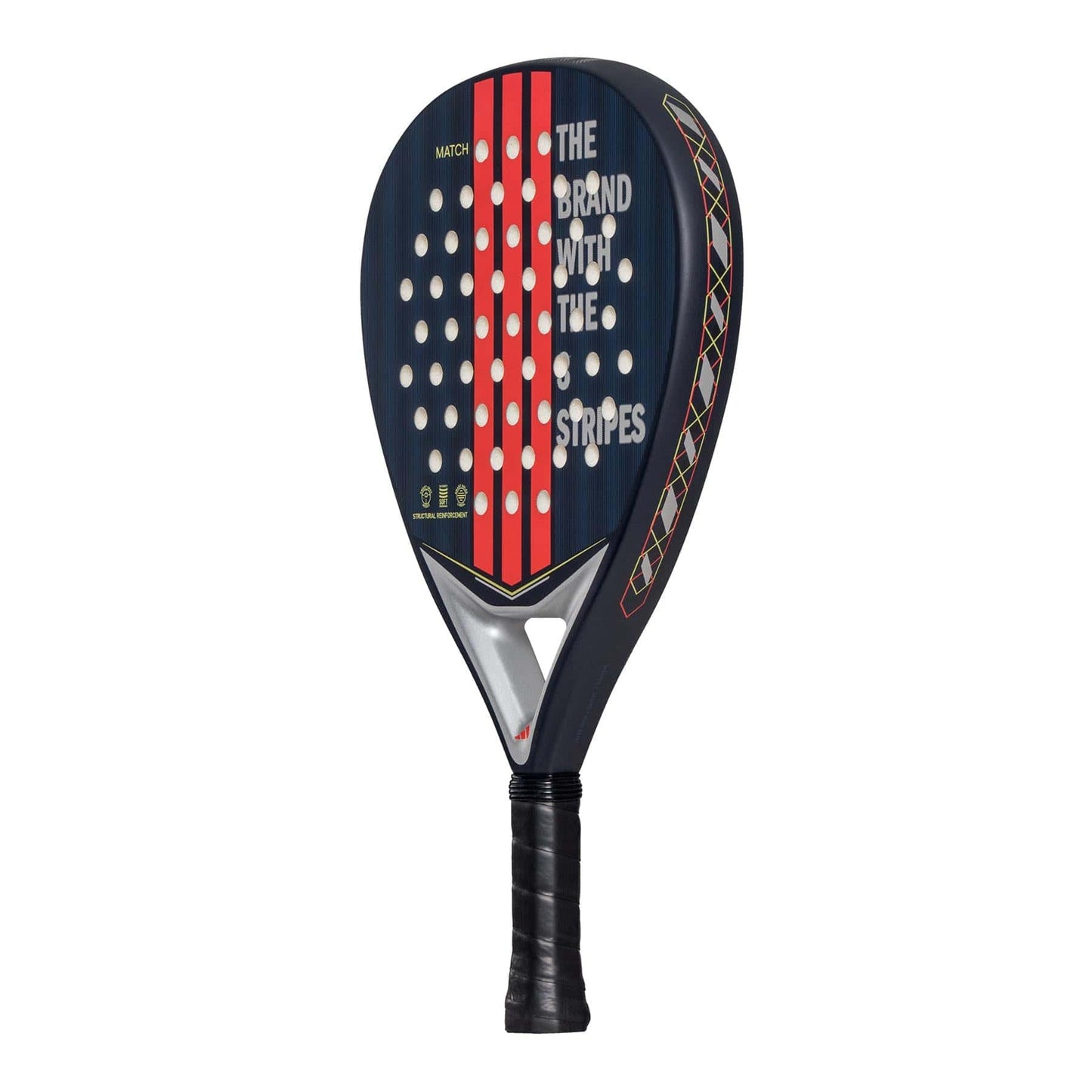 The adidas Match Blue 3.4 Padel Racket features a black design with red stripes, white Smart Holes Lineal perforations, "THE BRAND WITH THE STRIPES" on the face, an AllRound hybrid head shape, and a black grip-wrapped handle.