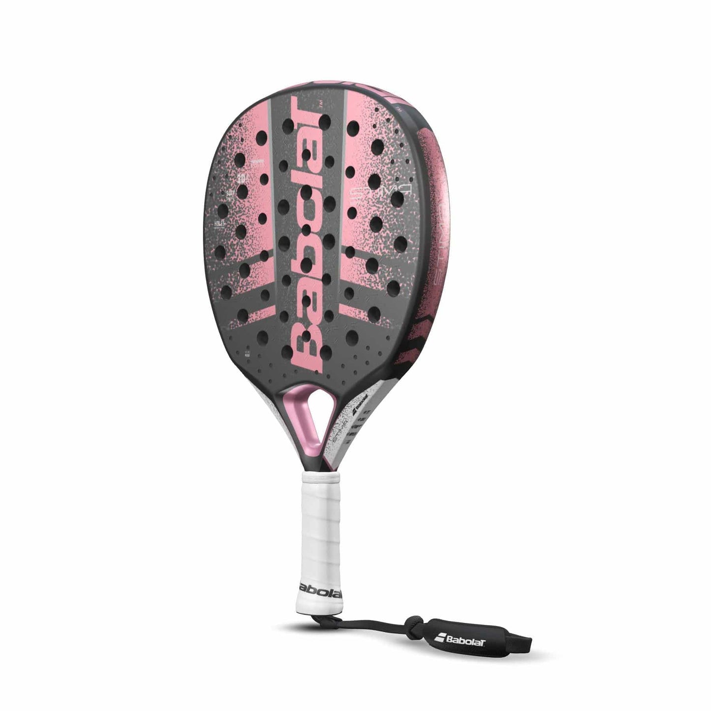 The Babolat Stima Spirit Padel Racket features a pink and black design, white grip, perforated face, and wrist strap—ideal for players seeking a lightweight racket from Babolat.