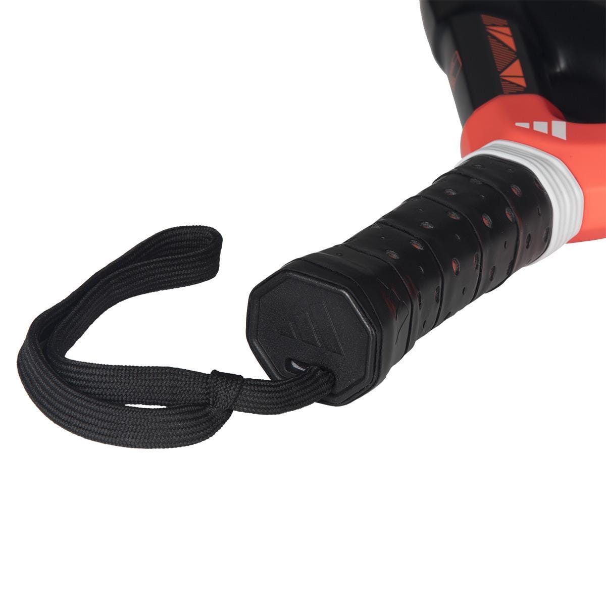 Close-up of the adidas Metalbone Superlight 2026 Padel Racket handle featuring a black grip and wrist strap, shown against a white background.