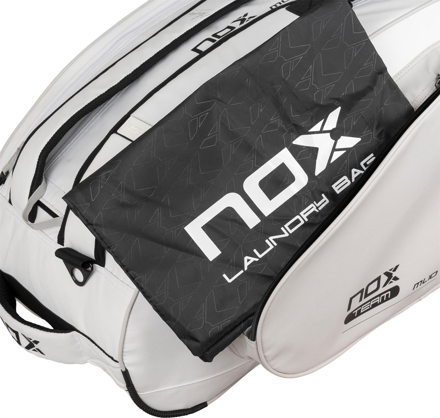 A close-up shows the NOX ML10 Team Padel Racket Bag in white/grey with a black NOX laundry bag partially pulled out, both with bold white "NOX" branding. The laundry bag, labeled "LAUNDRY BAG," is perfect for keeping your gear organized.