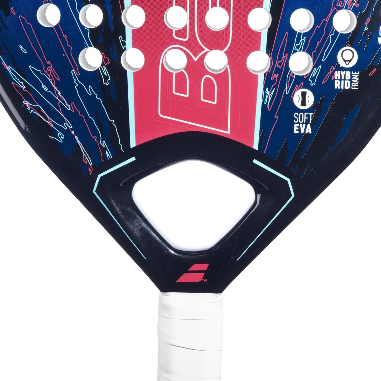 Close-up of the Babolat Contact Padel Racket by Babolat, a beginner-friendly control racket with a white grip, red and blue design, visible branding, circular holes, plus "SOFT EVA" and "HYBRID FRAME" labels highlighting its features.