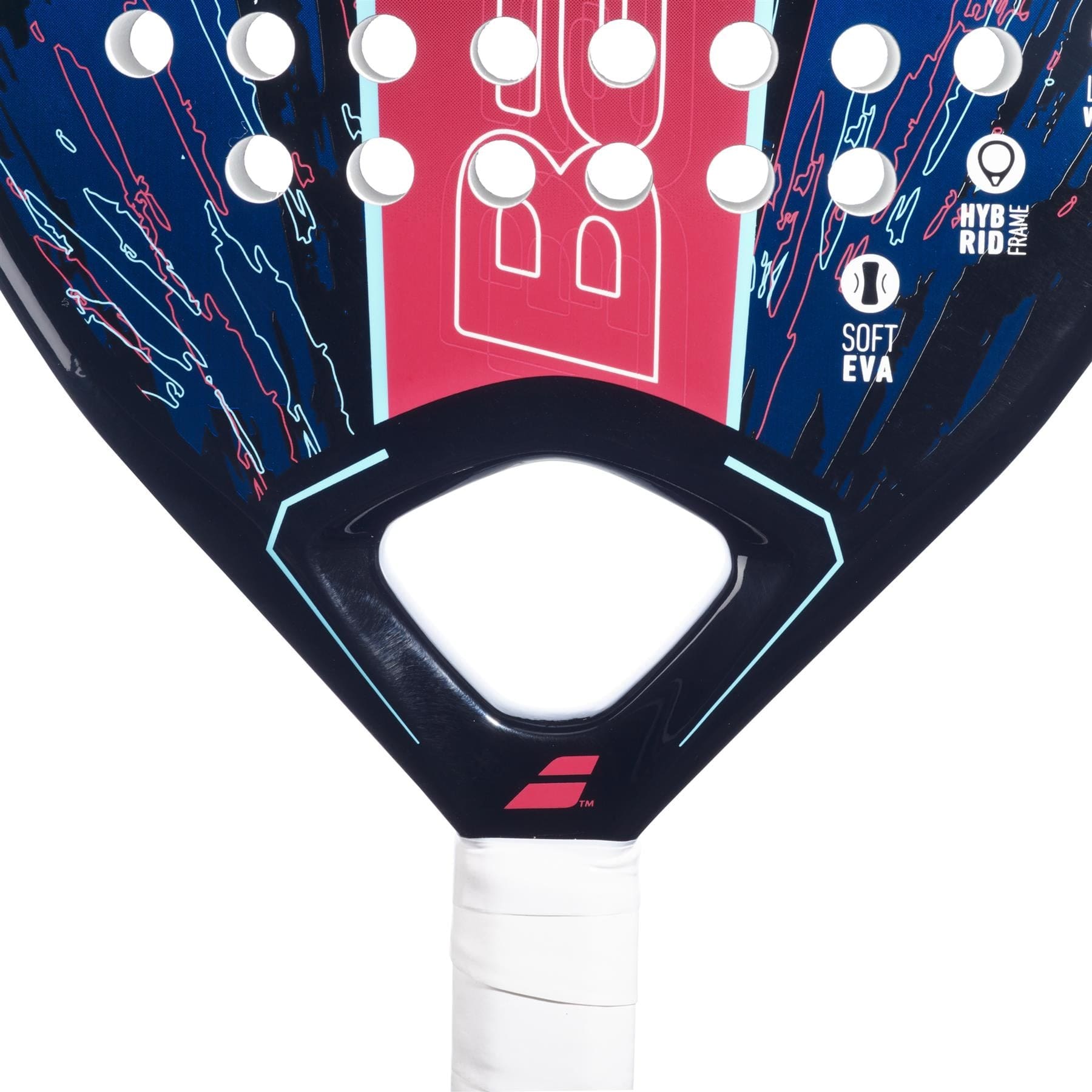 Close-up of the Babolat Contact Padel Racket by Babolat, a beginner-friendly control racket with a white grip, red and blue design, visible branding, circular holes, plus "SOFT EVA" and "HYBRID FRAME" labels highlighting its features.