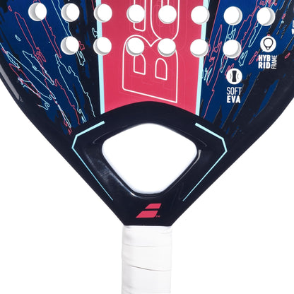 Close-up of the Babolat Contact Padel Racket by Babolat, a beginner-friendly control racket with a white grip, red and blue design, visible branding, circular holes, plus "SOFT EVA" and "HYBRID FRAME" labels highlighting its features.