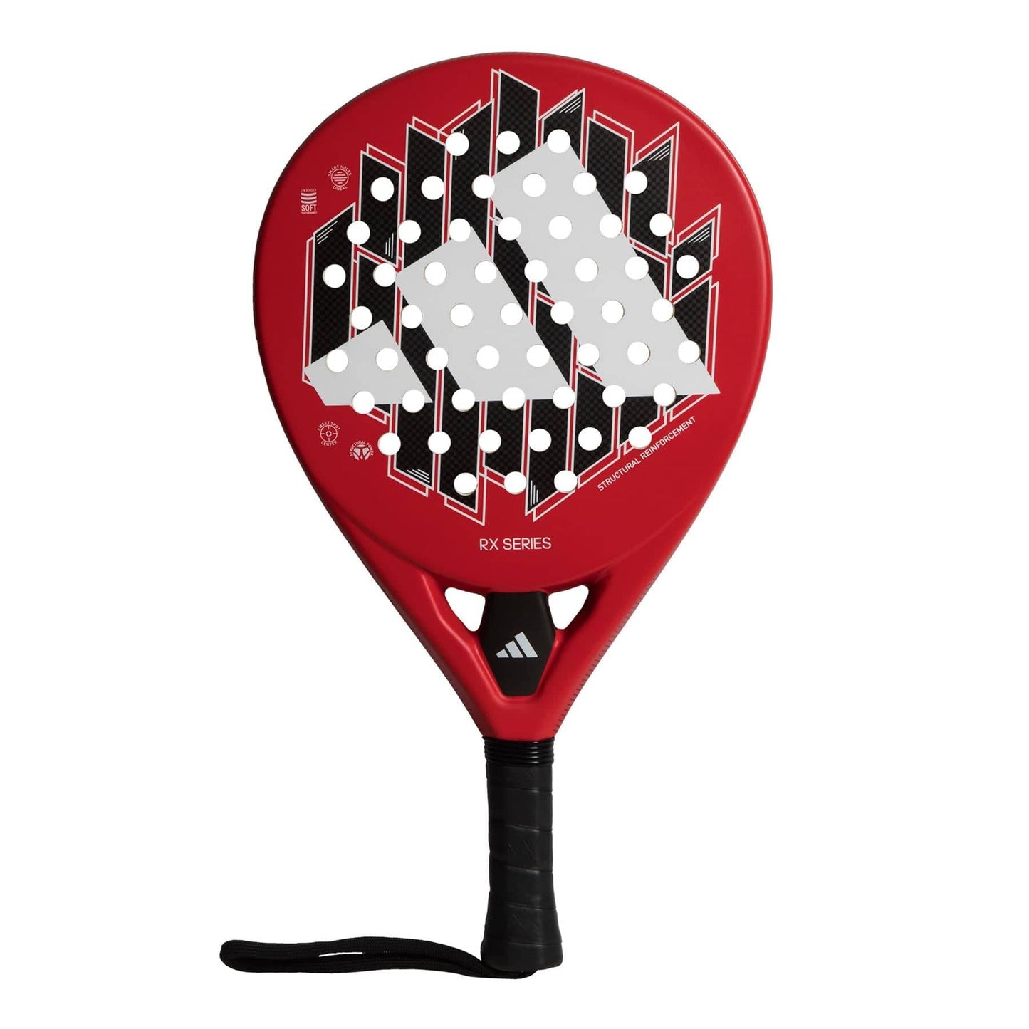 The adidas RX Series Red Padel Racket features black and white geometric patterns, perforated holes, a black grip handle with wrist strap, and a prominent adidas logo—ideal for beginners.