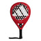 The adidas RX Series Red Padel Racket features black and white geometric patterns, perforated holes, a black grip handle with wrist strap, and a prominent adidas logo—ideal for beginners.