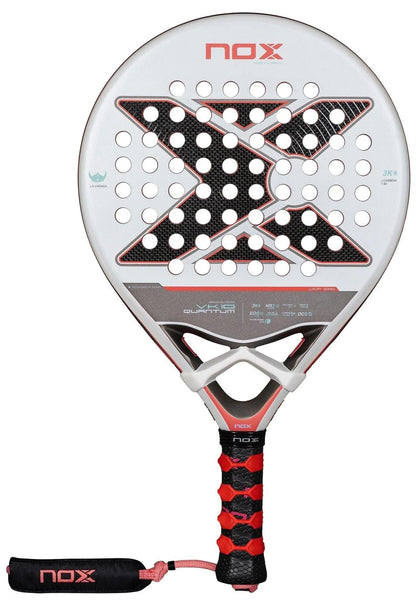 The NOX Luxury VK10 Quantum 3K By Aranzazu Osoro 2025 is a white and black padel racket with red accents, a large central "X", TECHNOLOGY EOS Flap, perforated face, and a black-and-red grip with wrist strap.