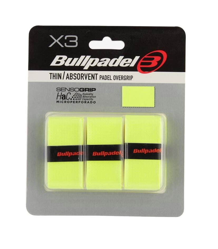 Three-pack of Bullpadel Absorbent Padel Overgrips in Fluo Yellow. The packaging highlights the Bullpadel branding and includes features such as SensoGrip technology, promising optimal comfort and micro perforations to enhance performance.