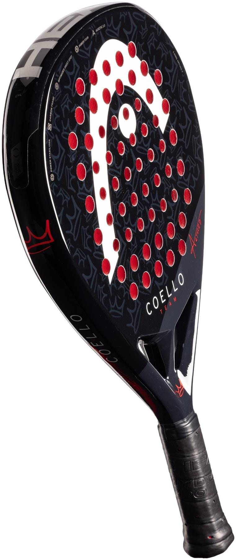 The HEAD Coello Team 2025 Padel Racket features a black design with red and white details, "Coello" lettering, a large white logo, Power Foam, Auxetic 2.0 tech, black grip, and multiple red holes for enhanced performance and style.