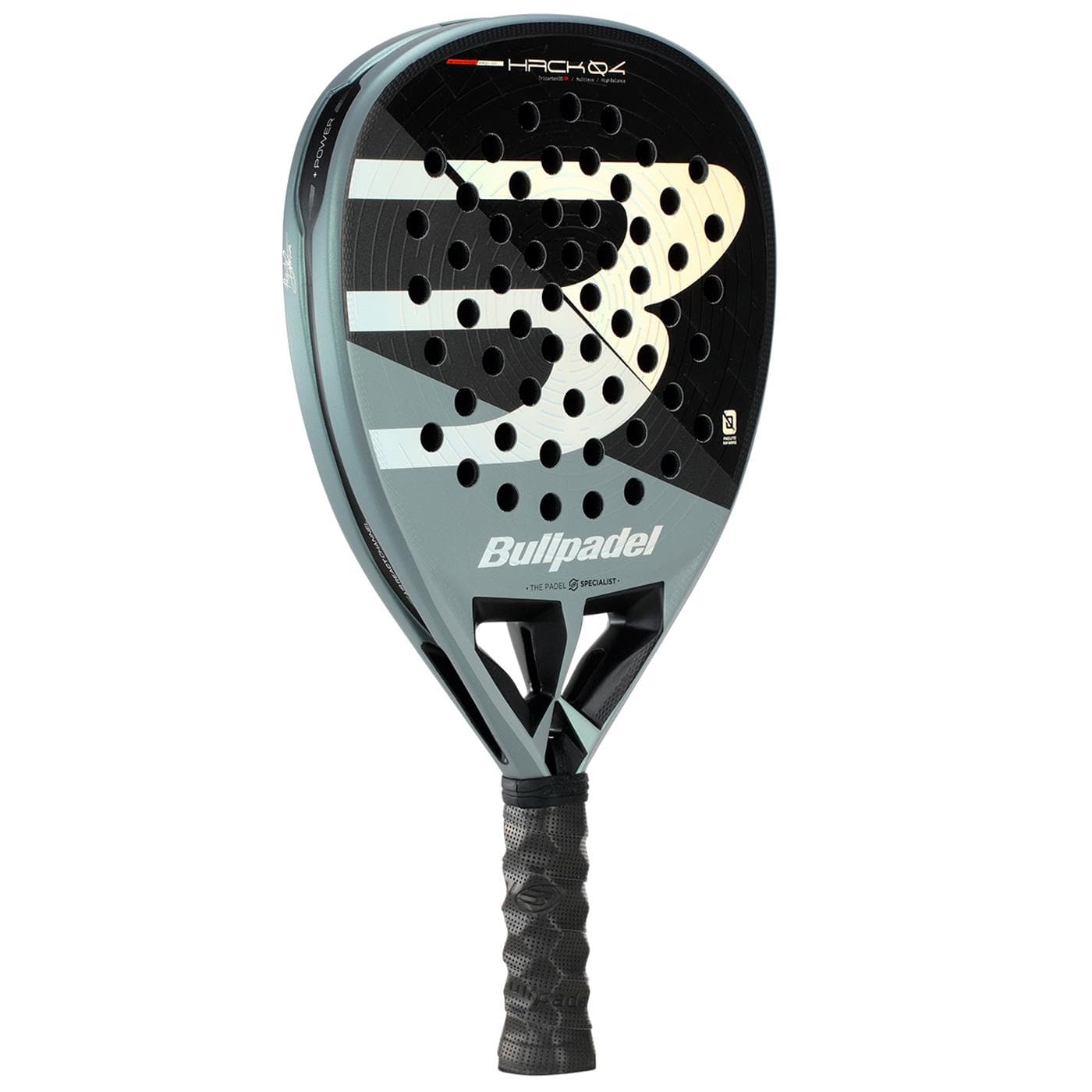 The Bullpadel HACK 04 2026 Padel Racket features a black and gray design, dynamic power, multiple face holes, a textured black grip, and the Bullpadel logo prominently displayed on the head.