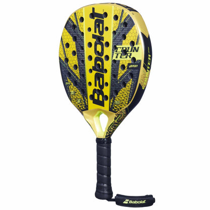 The Babolat Counter Veron padel racket features Carbon Flex technology, a black grip, round holes on the face, a wrist strap, and "Babolat" and "COUNTER VERON" printed on its yellow and black surface.