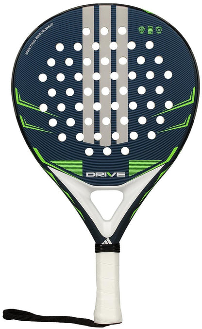 The adidas Drive Blue 2026 Padel Racket features a dark blue frame with white and green accents, perforated dots, a white grip with a black wrist strap, and "DRIVE" printed near the handle—ideal for beginners.