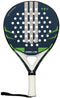 The adidas Drive Blue 2026 Padel Racket features a dark blue frame with white and green accents, perforated dots, a white grip with a black wrist strap, and "DRIVE" printed near the handle—ideal for beginners.
