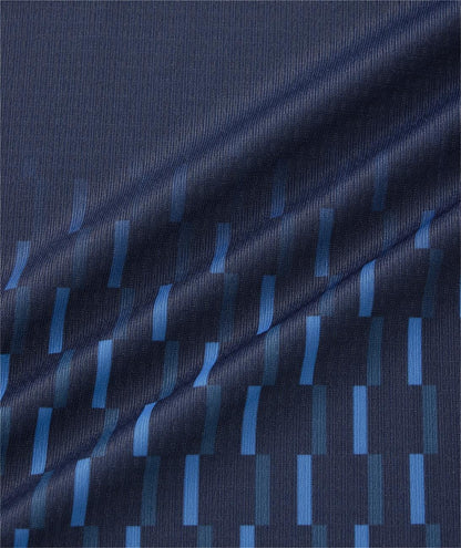 Close-up of the Yonex 10713EX Crew Neck Mens Padel T-Shirt in Dark Navy, showcasing high-performance sportswear fabric with a modern geometric pattern of vertical and diagonal blue lines for a textured look.