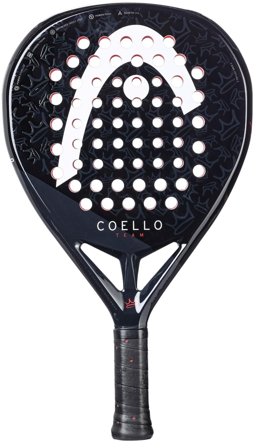 The HEAD Coello Team 2025 Padel Racket features a black perforated face, Auxetic 2.0 tech, Power Foam, "COELLO TEAM" branding, and a large white/red logo on the head. The handle has black grip tape. Brand: HEAD.