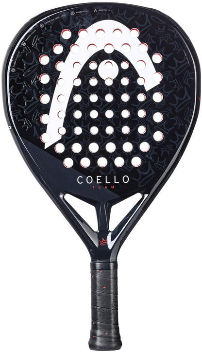 The HEAD Coello Team 2025 Padel Racket features a black perforated face, Auxetic 2.0 tech, Power Foam, "COELLO TEAM" branding, and a large white/red logo on the head. The handle has black grip tape. Brand: HEAD.