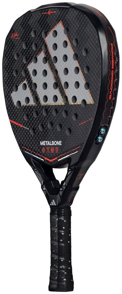 The ADIDAS Metalbone by Ale Galán 2026 Padel Racket features a black textured Spin Blade Decal surface, large silver adidas logo, round holes, a black grip handle, and "METALBONE" printed on the face.