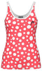 The HEAD Spirit II Womens Padel Tank Top - GIXR is a red sleeveless top featuring bold white polka dots, advanced cooling technology, a curved logo on the left chest, and white-trimmed neckline and armholes for added style.