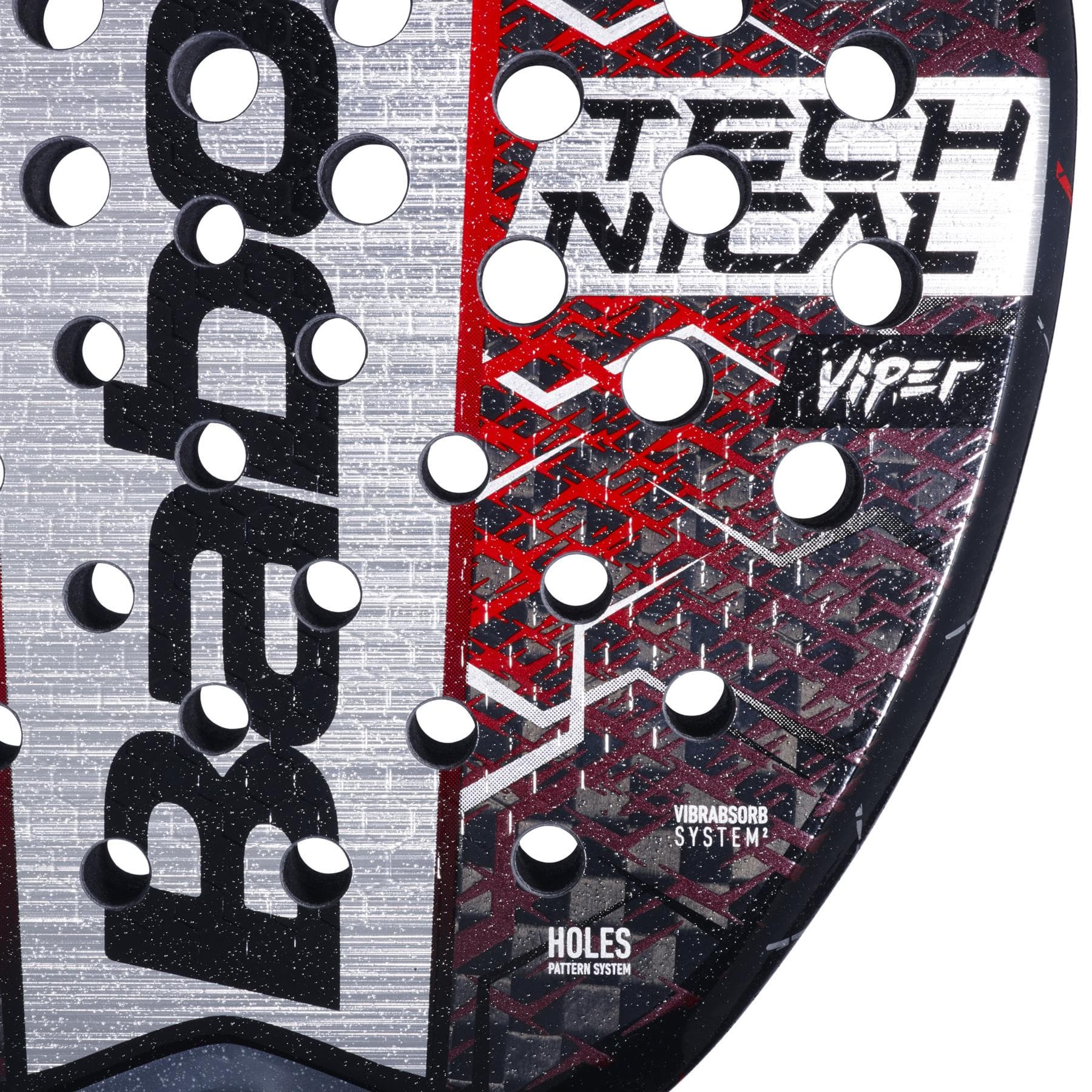Close-up of the Babolat Technical Viper 2.5 Padel Racket, designed for technical strikers, featuring red, black, and silver accents, circular holes, textured patterns, and the "Babolat" brand with model clearly printed on the face.