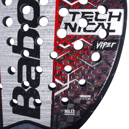 Close-up of the Babolat Technical Viper 2.5 Padel Racket, designed for technical strikers, featuring red, black, and silver accents, circular holes, textured patterns, and the "Babolat" brand with model clearly printed on the face.