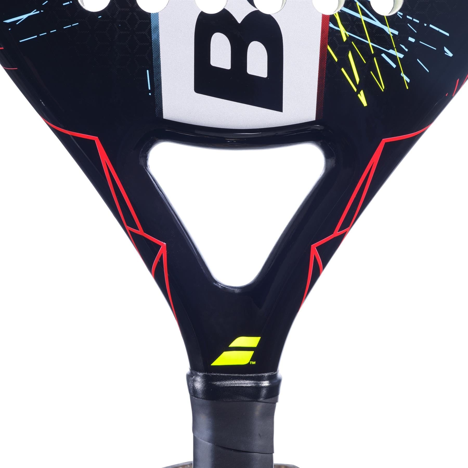 Close-up of the Babolat Viper Junior Padel Racket, showing its black throat and handle with red and yellow accents, a partial logo, and colorful top design. Wrapped grip is visible—ideal for junior players from Babolat.