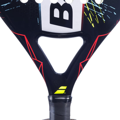 Close-up of the Babolat Viper Junior Padel Racket, showing its black throat and handle with red and yellow accents, a partial logo, and colorful top design. Wrapped grip is visible—ideal for junior players from Babolat.