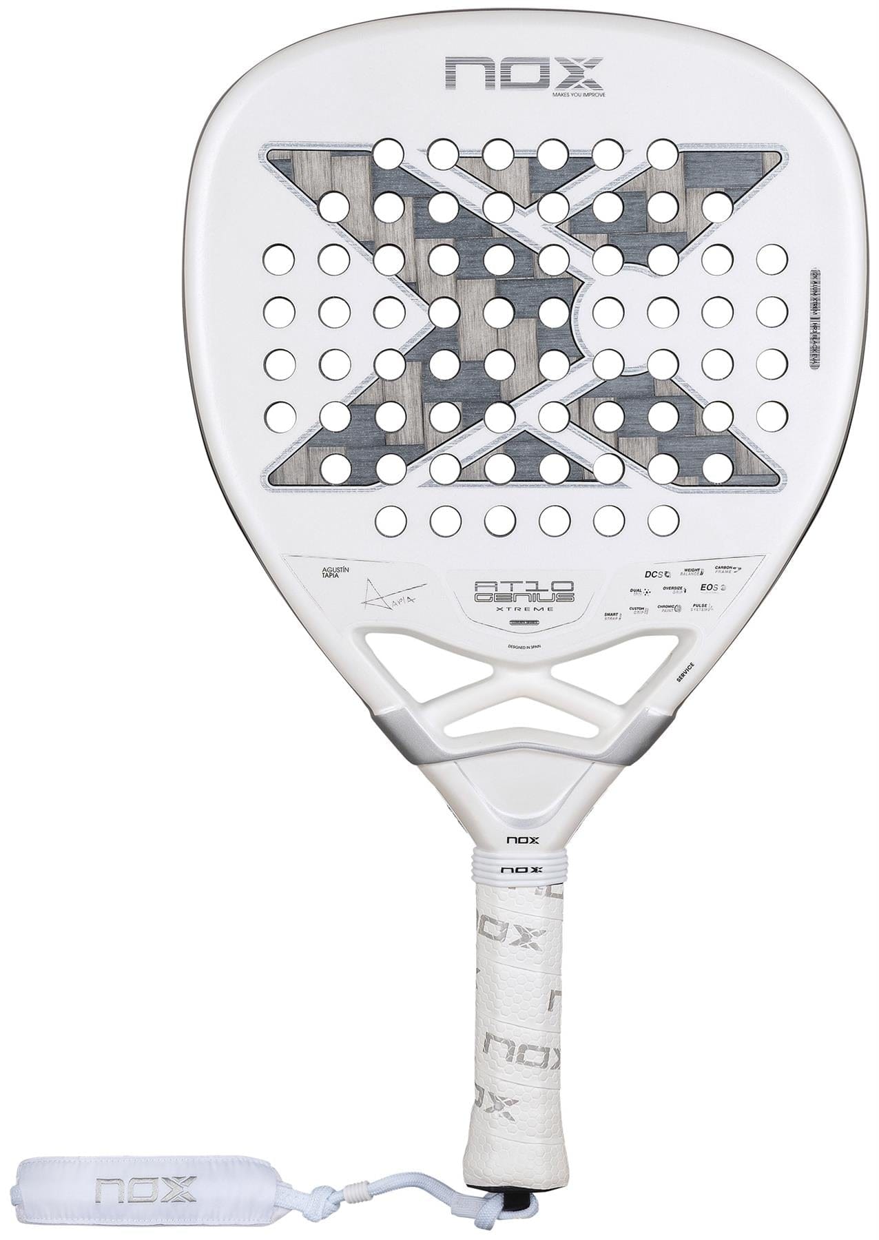 The NOX AT10 Genius Attack 12K Alum Extrem By Agustín Tapia 2026 padel racket features a bold X design, circular holes, and a comfortable wrapped grip with branded wrist strap—ideal for powerful play on the court.