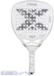 The NOX AT10 Genius Attack 12K Alum Extrem By Agustín Tapia 2026 padel racket features a bold X design, circular holes, and a comfortable wrapped grip with branded wrist strap—ideal for powerful play on the court.