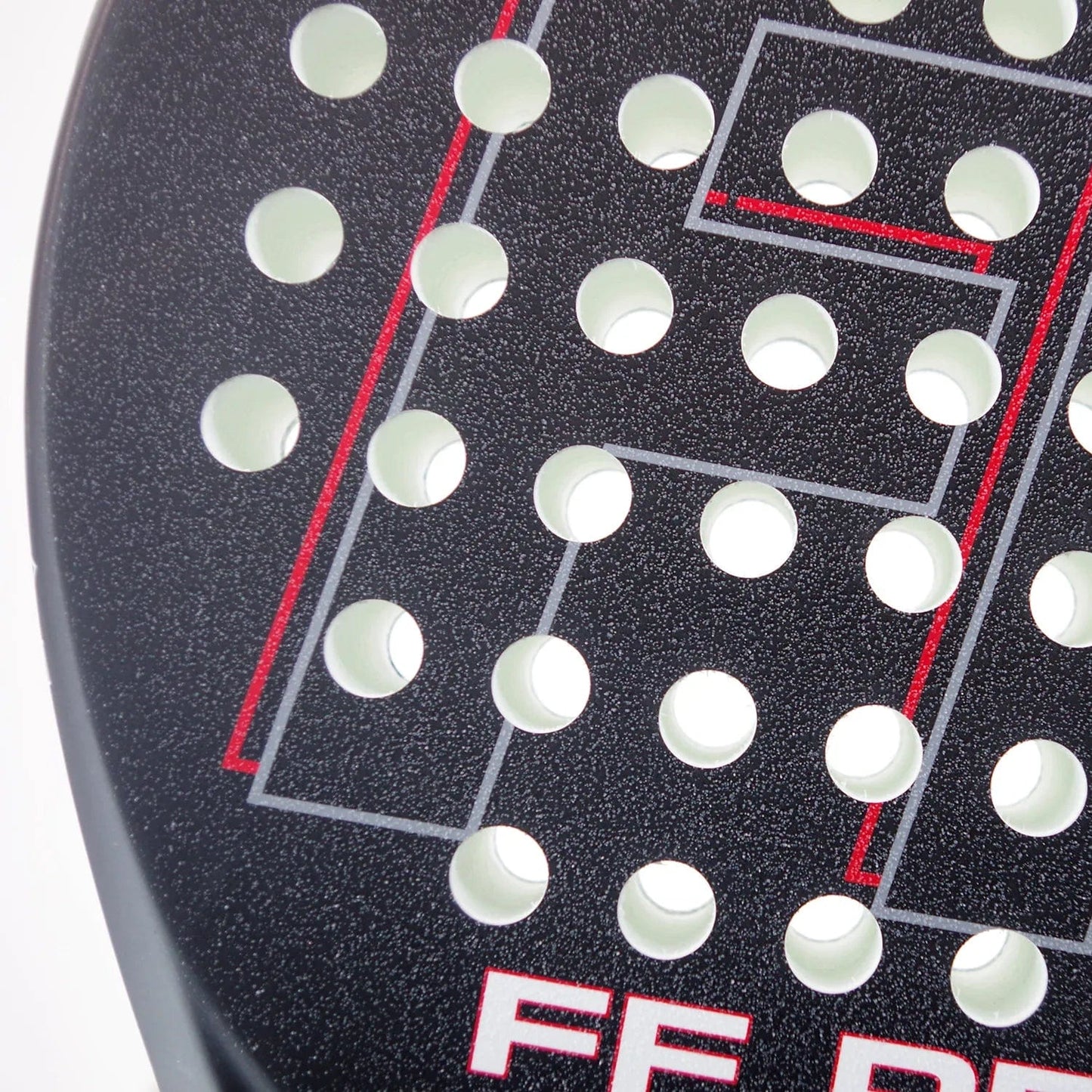 Close-up of the Karakal FF Pro 375 Padel Racket by Karakal, featuring a black surface with red geometric lines and round holes, designed for advanced players who want precision in spin shots; partial white branding appears at the bottom.