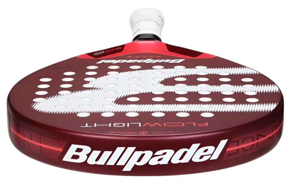 A close-up of the Bullpadel Flow Light 2025 Padel Racket showcases its lightweight design, maroon color with white and gray graphics, circular holes, and bold Bullpadel branding on the frame.