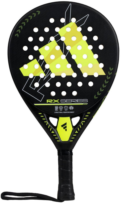 The adidas RX Series Lime 3.4 Padel Racket features a black and yellow design, perforated face, geometric patterns, RX SERIES branding, and a wrapped handle with wrist strap—ideal for intermediate padel players.