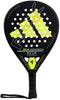 The adidas RX Series Lime 3.4 Padel Racket features a black and yellow design, perforated face, geometric patterns, RX SERIES branding, and a wrapped handle with wrist strap—ideal for intermediate padel players.