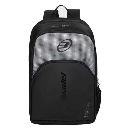 The Bullpadel BPM26007 Vertex Padel Backpack - Black features a front zip pocket, mesh detailing, side pocket, top handle, and Bullpadel branding for stylish and convenient storage of your padel gear.