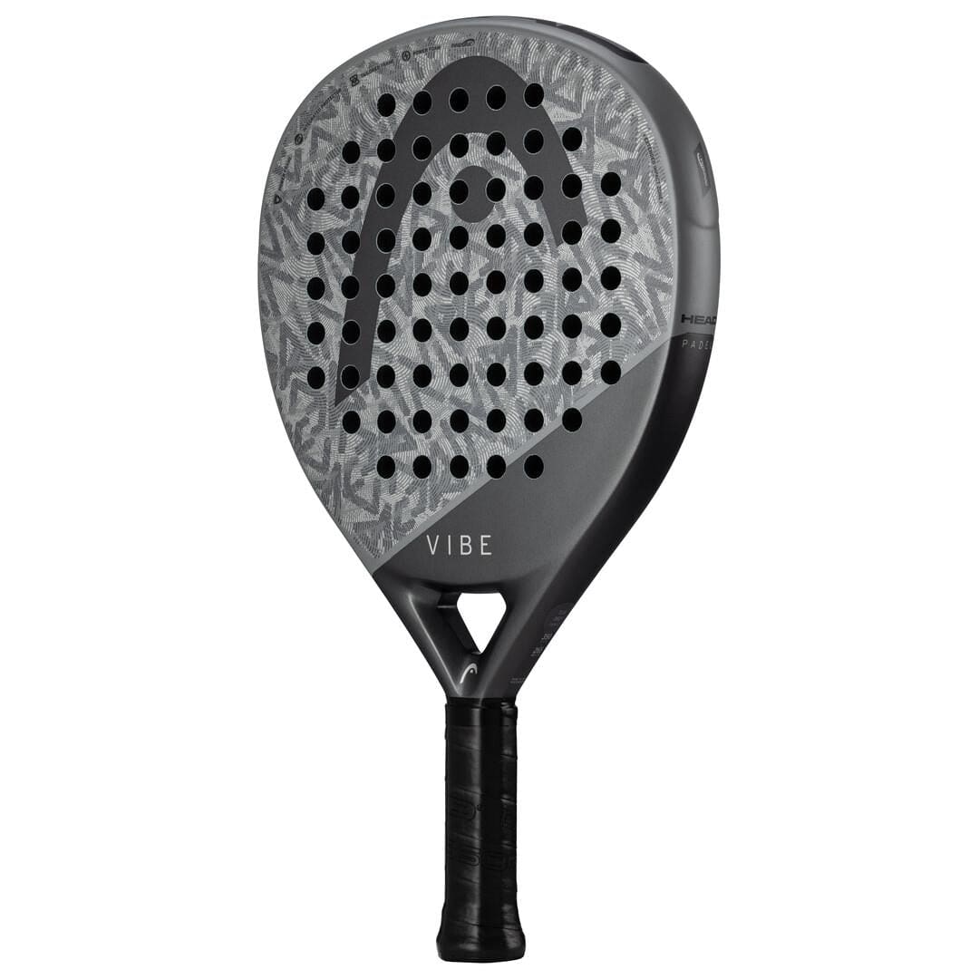 The HEAD Vibe 2025 Grey / Black Padel Racket features a teardrop shape, textured surface with circular holes, "VIBE" near the handle, rounded design, and a comfortable black grip.