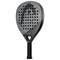 The HEAD Vibe 2025 Grey / Black Padel Racket features a teardrop shape, textured surface with circular holes, "VIBE" near the handle, rounded design, and a comfortable black grip.
