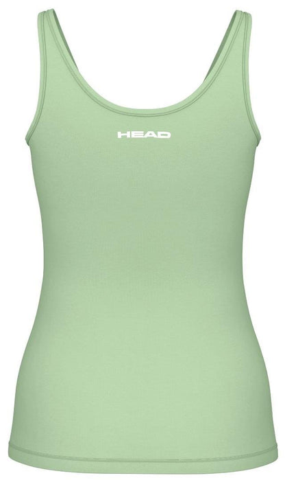 A light green HEAD Spirit II Women's Padel tank top is set against a white background. It features a round neckline with the HEAD design in white across the chest, crafted from moisture transfer microfiber to ensure comfort and dryness.