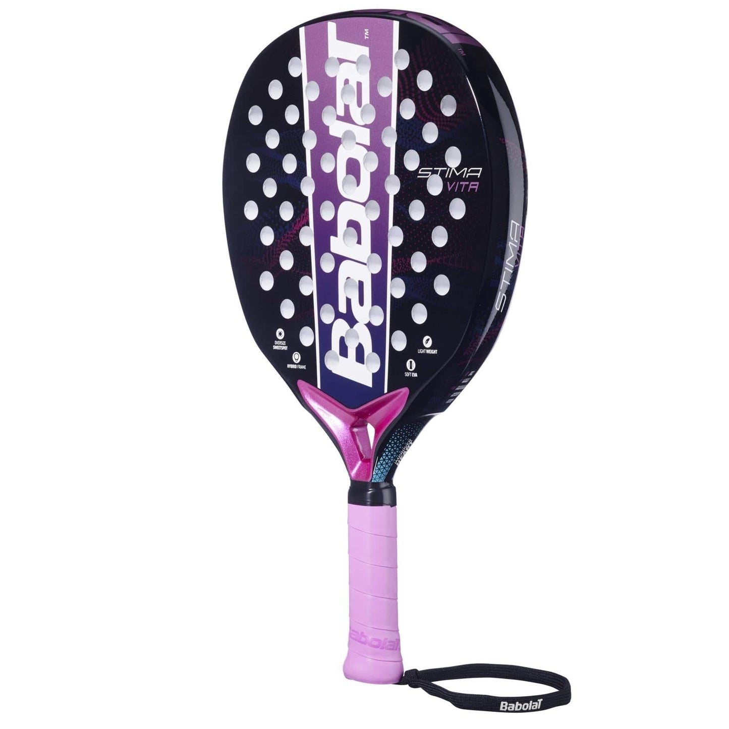 The Babolat Stima Vita Padel Racket boasts a black and purple design with white circular holes, a pink handle, and black wrist strap—making it a lightweight and stylish choice for beginner padel players.